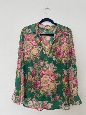 Pleione Green Sheer Floral Blouse with Pink & Yellow Blooms